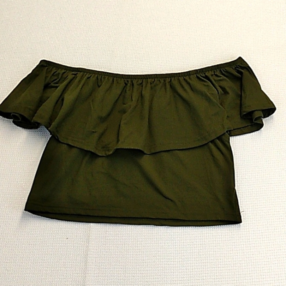 New True Rock Erika Olive Green XL Off Shoulder‎ Crop Top Light Weight Soft